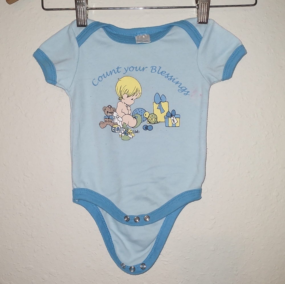 Vintage Precious Moments Blue Baby Onesie with Graphic Print 3/6 Months